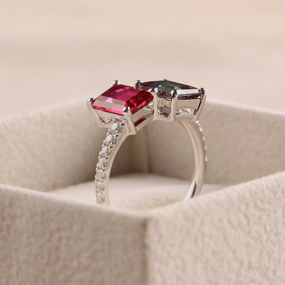 Emerald Cut Alexandrite And Ruby Toi Et Moi Rings - LUO Jewelry