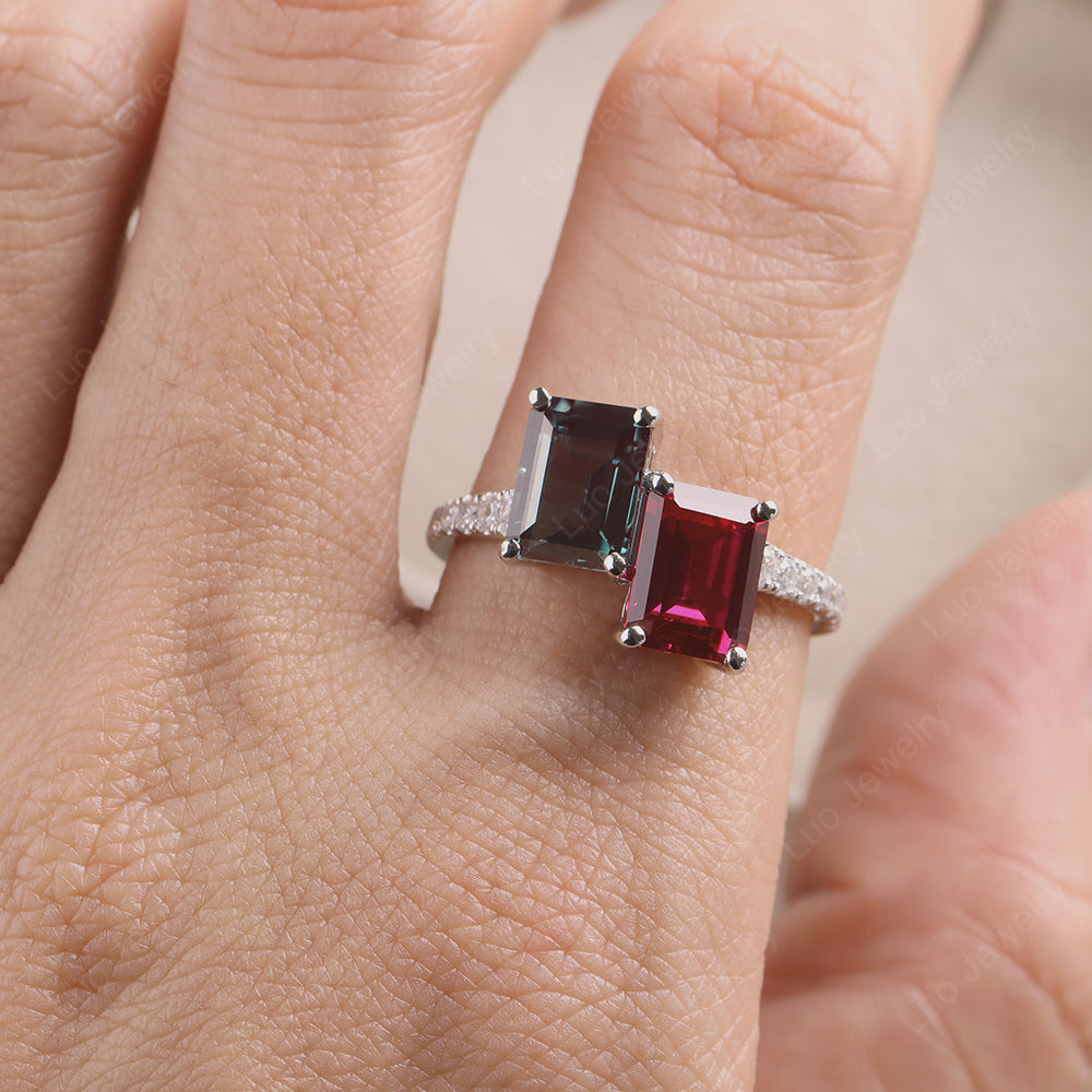 Emerald Cut Alexandrite And Ruby Toi Et Moi Rings - LUO Jewelry