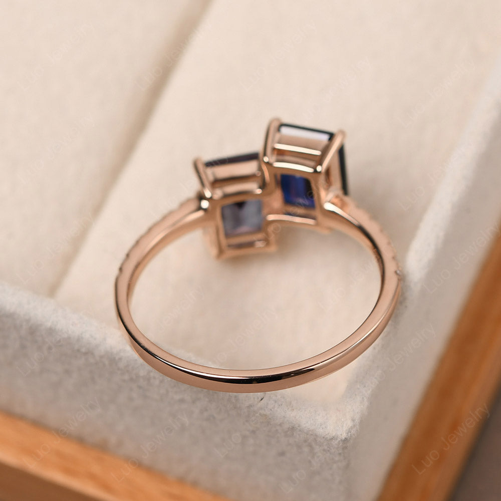 Emerald Cut Lab Alexandrite and Lab Sapphire Toi Et Moi Ring