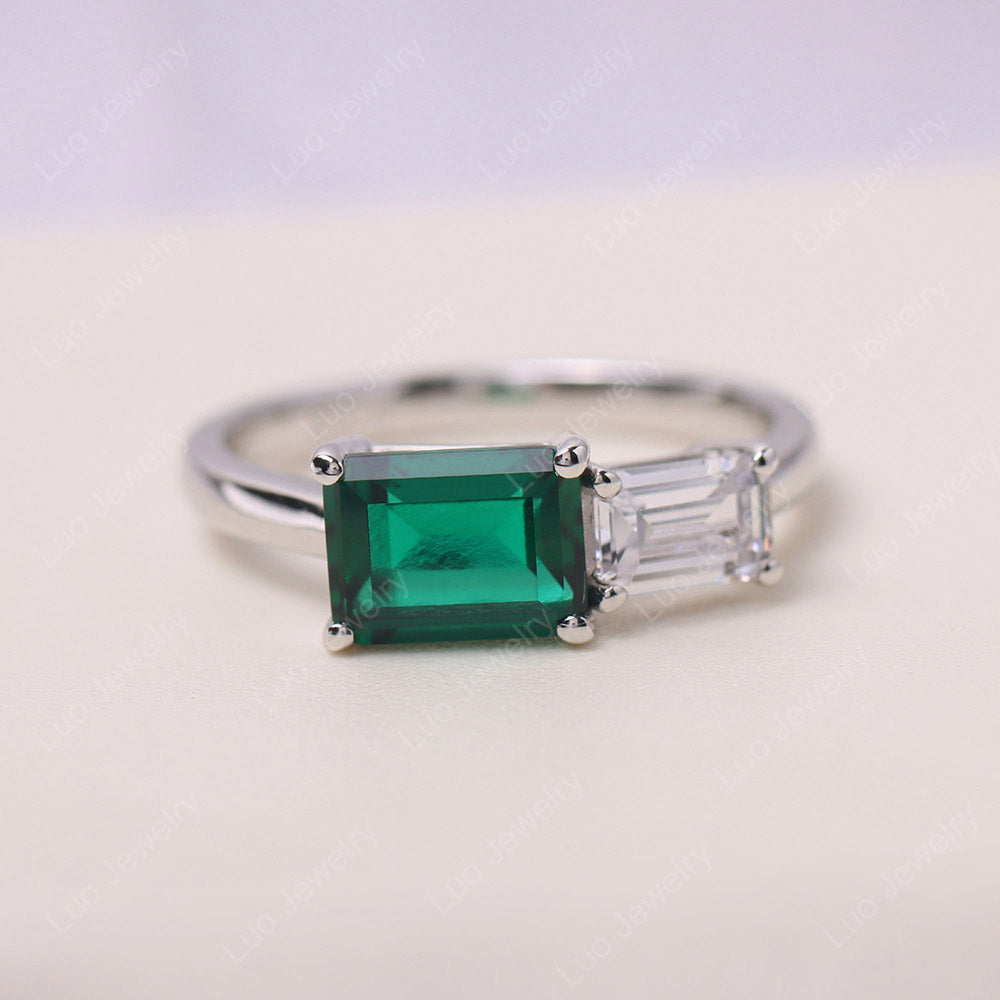 Horizontal Emerald Cut Emerald and Cubic Zirconia Toi Et Moi Ring