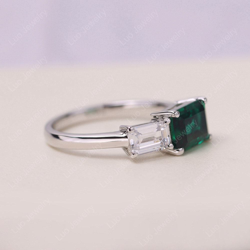Horizontal Emerald Cut Lab Emerald and Cubic Zirconia Toi Et Moi Ring