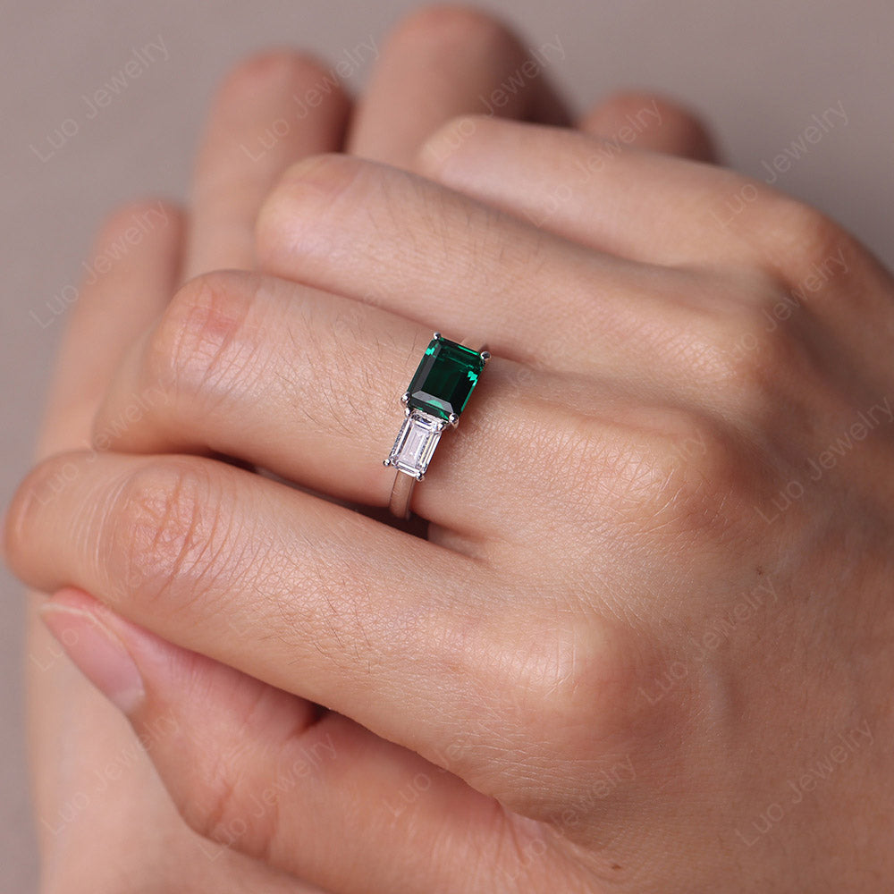 Horizontal Emerald Cut Lab Emerald and Cubic Zirconia Toi Et Moi Ring