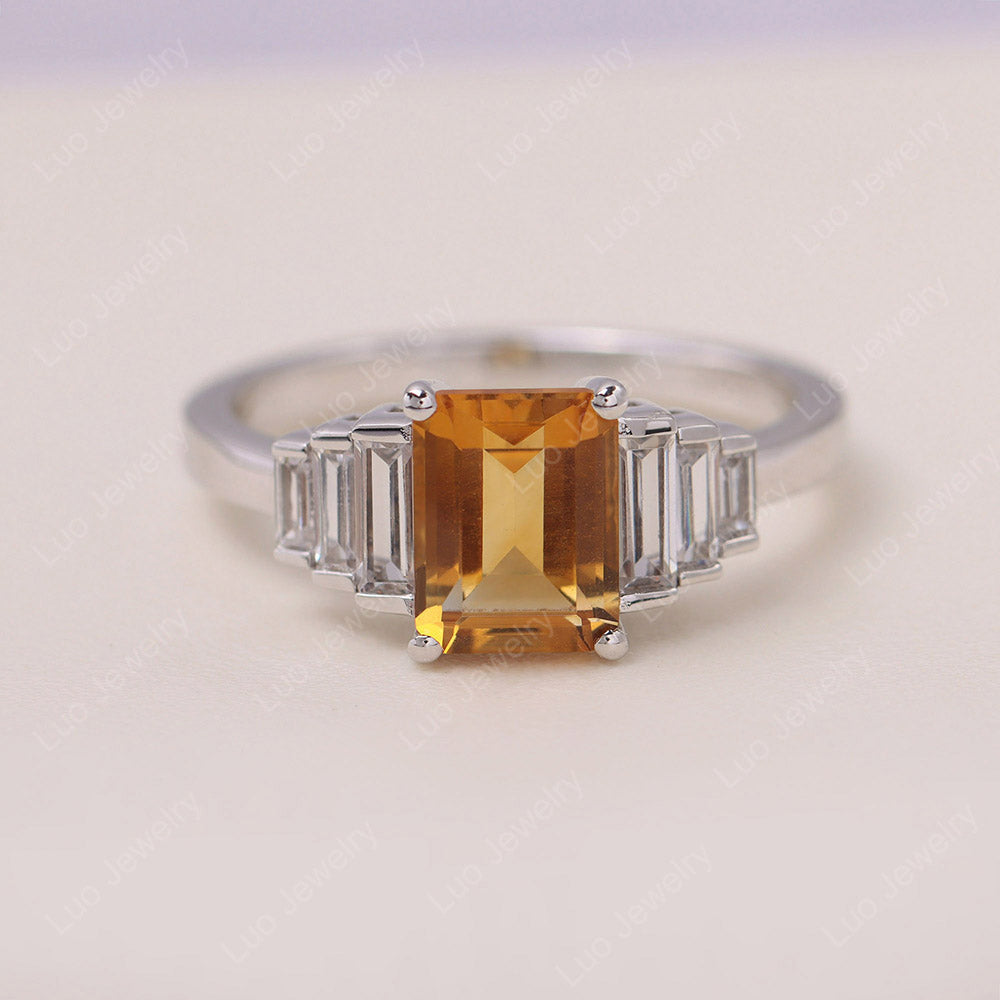 Emerald Cut Citrine Rings With Baguette