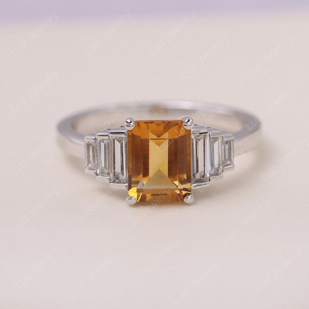 Emerald Cut Citrine Ring with Baguette