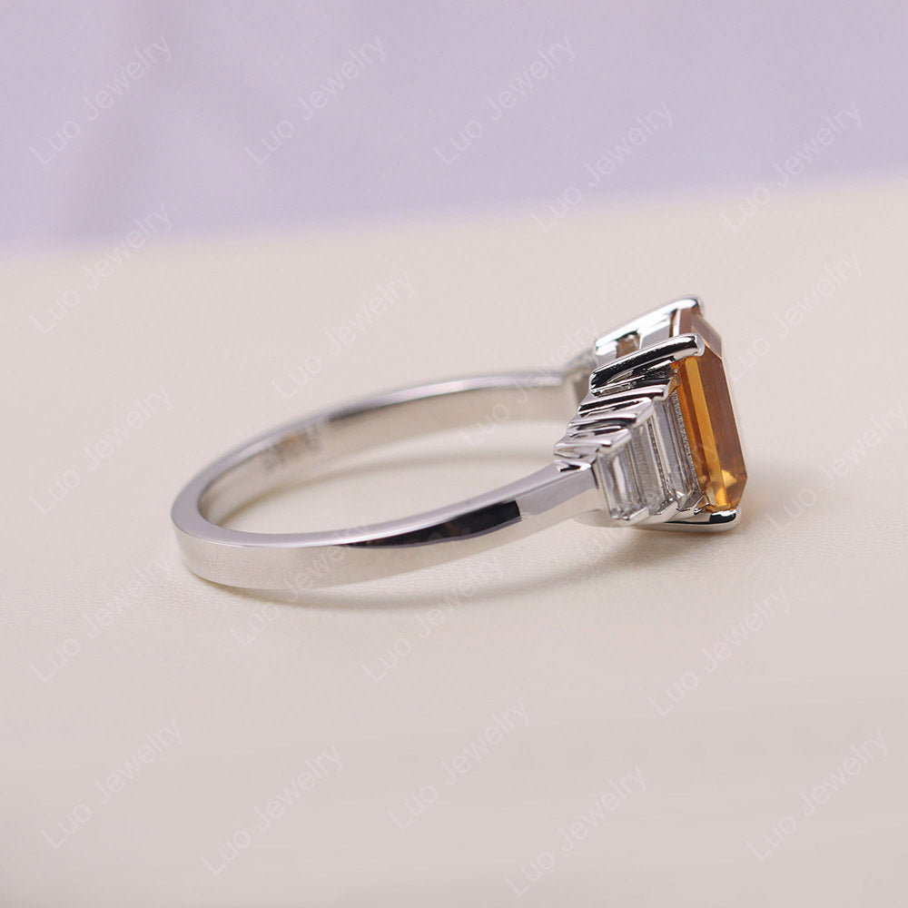 Emerald Cut Citrine Ring With Baguette