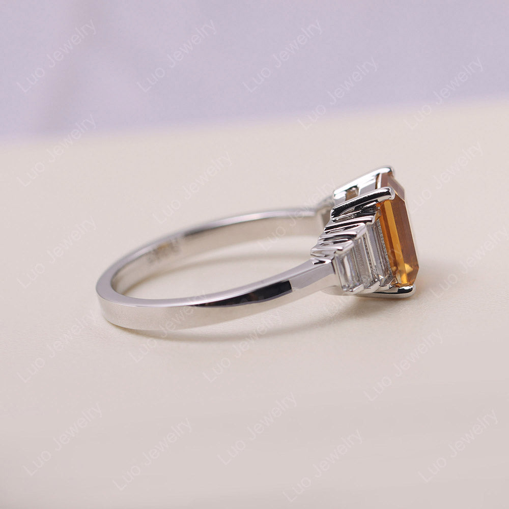 Emerald Cut Citrine Ring with Baguette