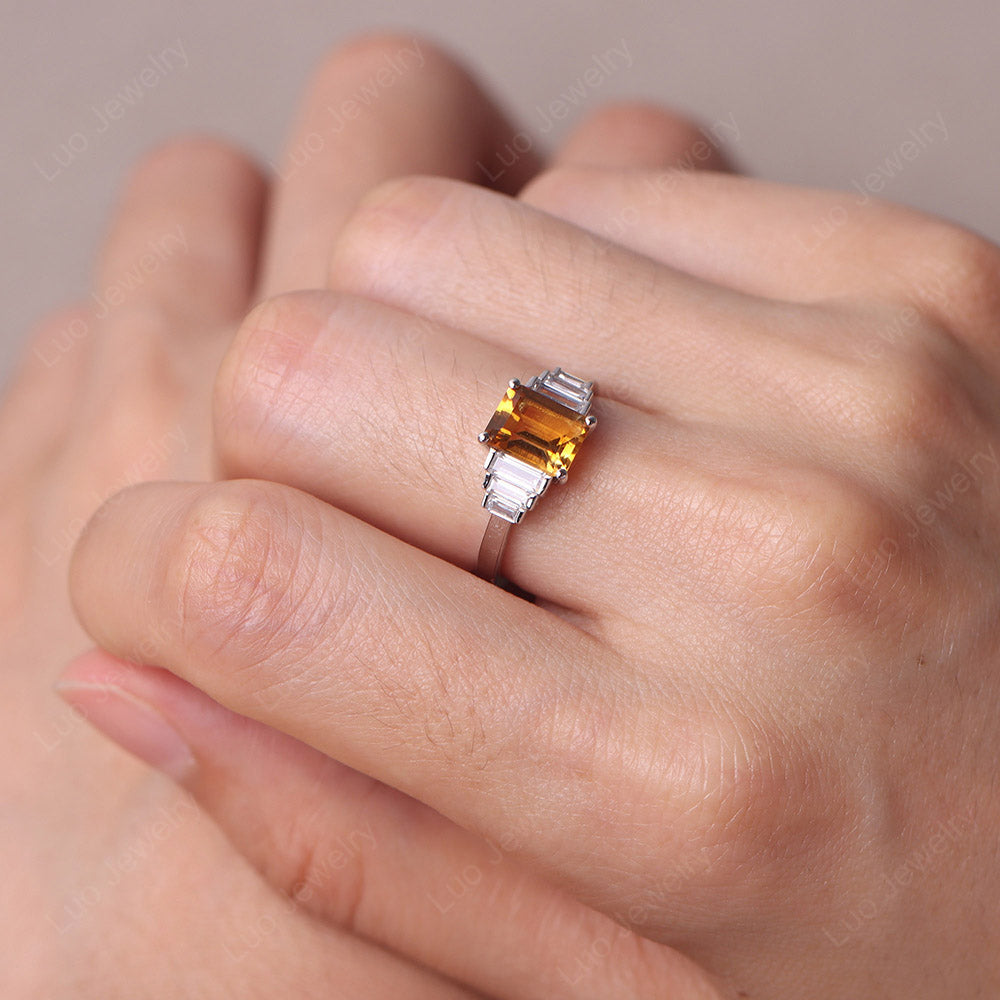 Emerald Cut Citrine Ring With Baguette