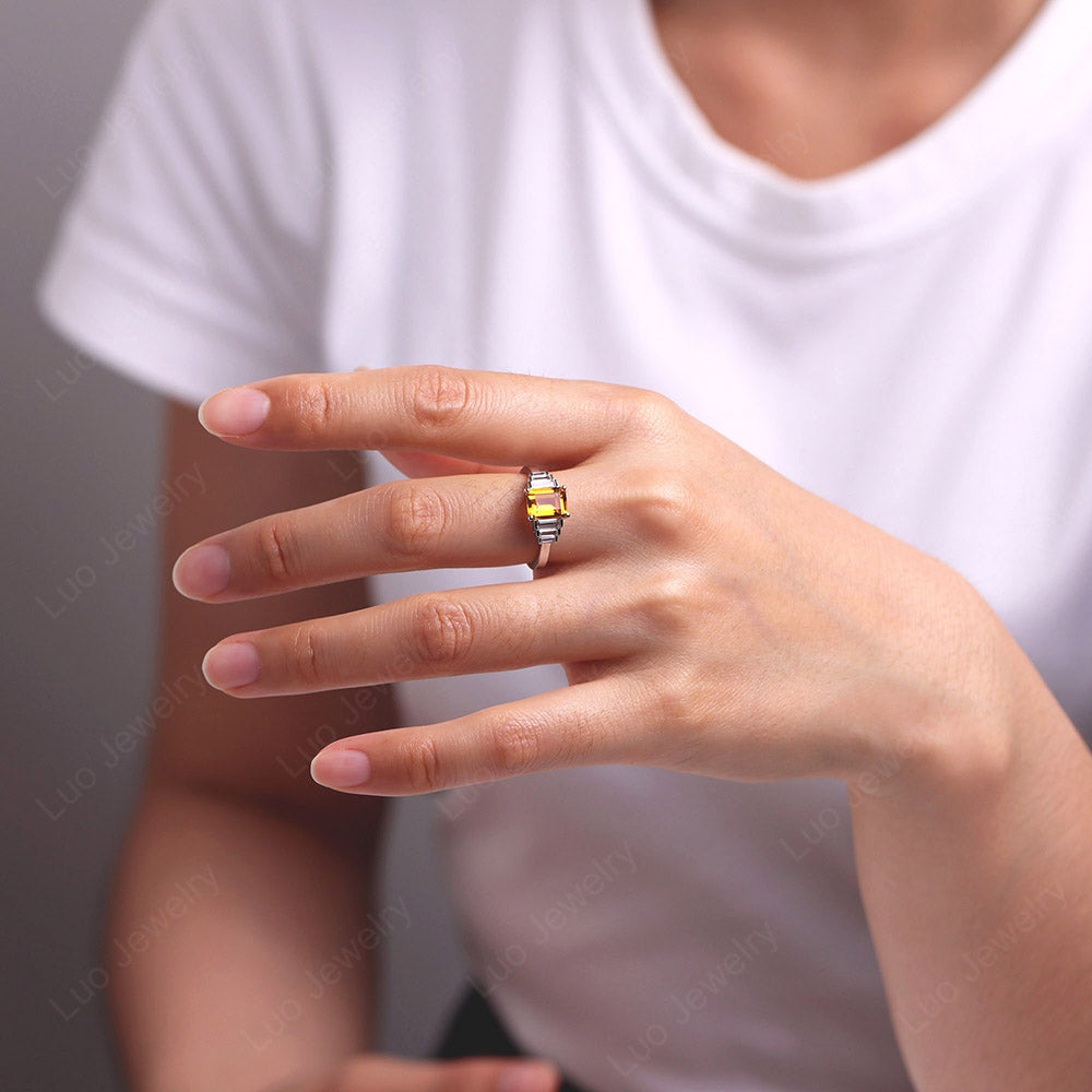 Emerald Cut Citrine Ring With Baguette