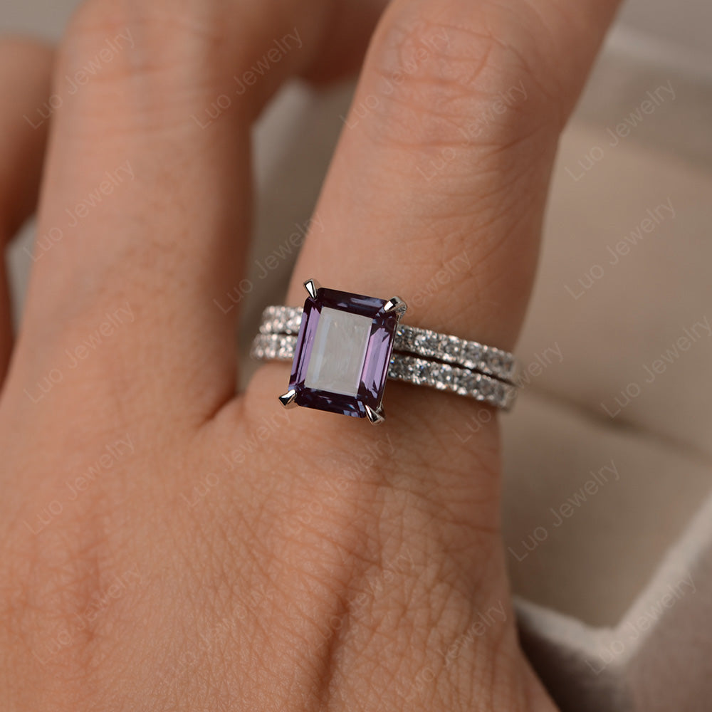 Emerald Cut Alexandrite Bridal Set Wedding Ring - LUO Jewelry