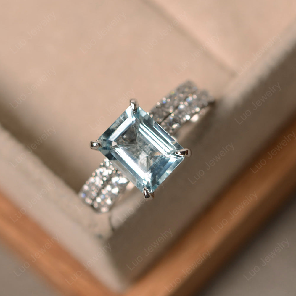 Emerald Cut Aquamarine Bridal Set Wedding Ring - LUO Jewelry