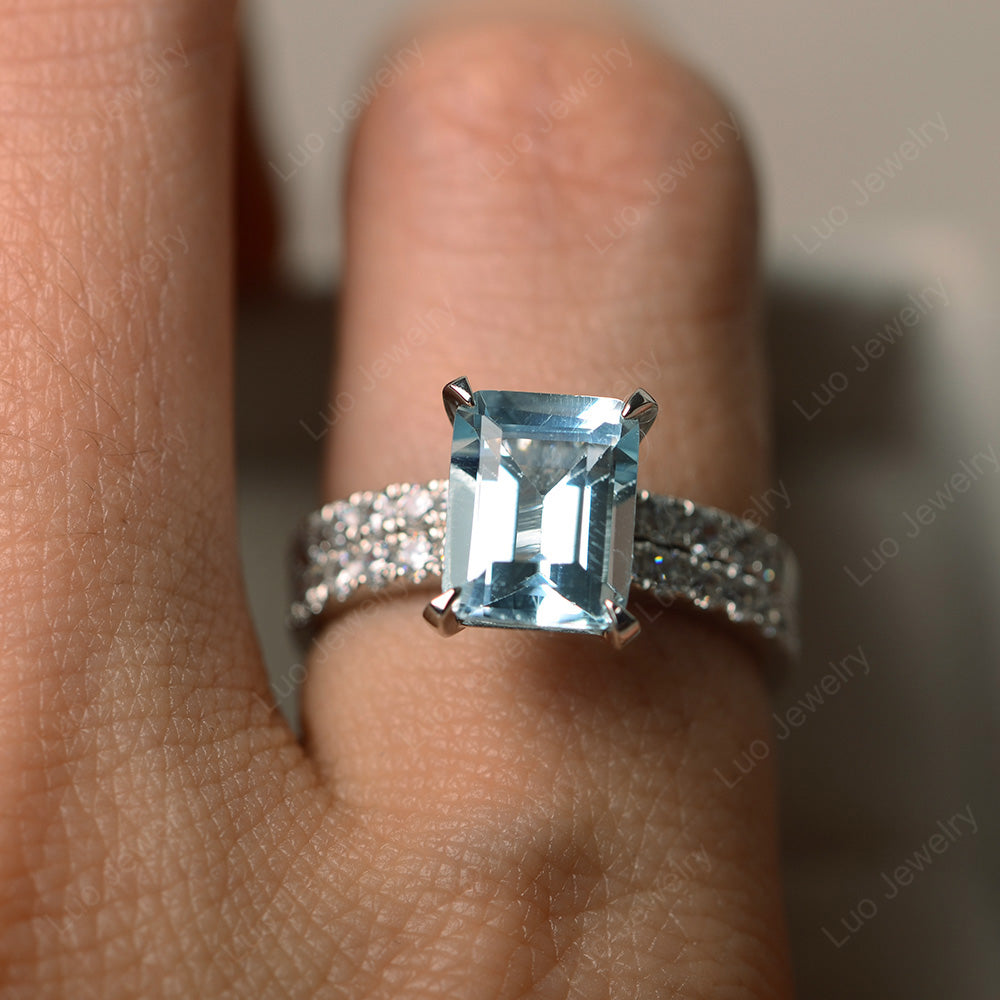 Emerald Cut Aquamarine Bridal Set Wedding Ring - LUO Jewelry