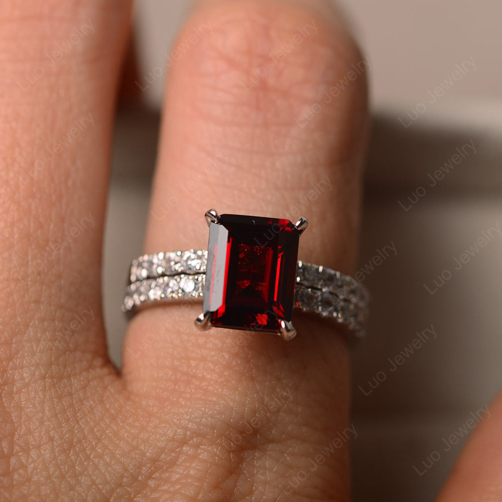 Emerald Cut Garnet Bridal Set Wedding Ring - LUO Jewelry