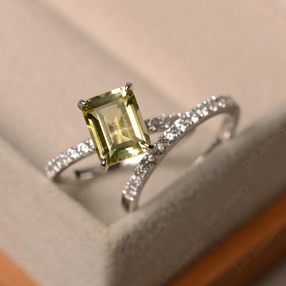 Emerald Cut Lemon Quartz Bridal Set Wedding Ring - LUO Jewelry