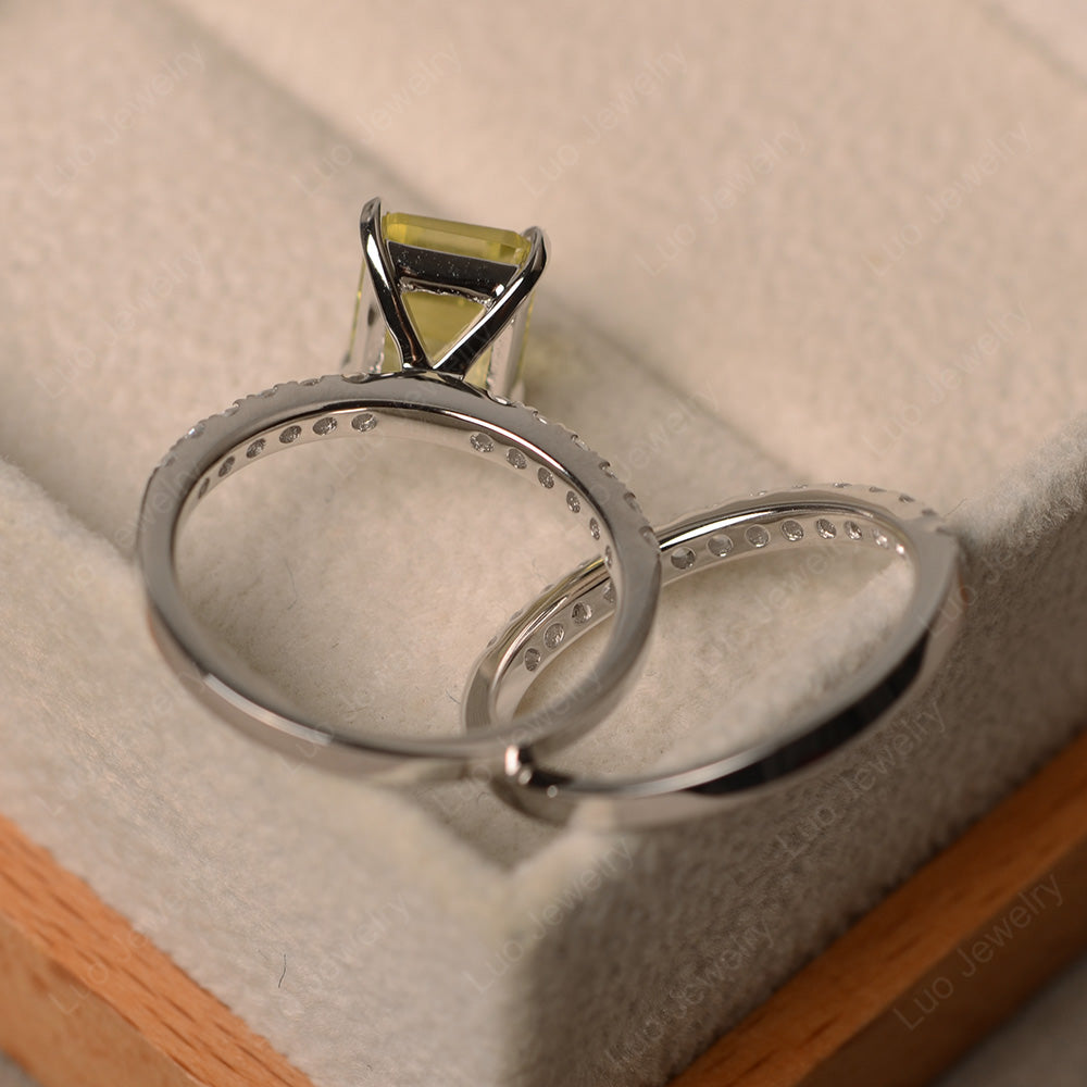 Emerald Cut Lemon Quartz Bridal Set Wedding Ring - LUO Jewelry