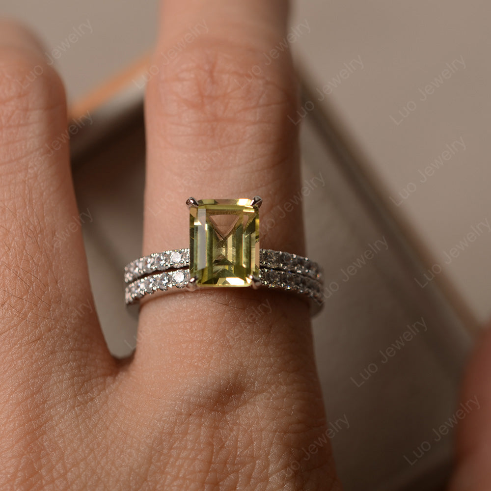 Emerald Cut Lemon Quartz Bridal Set Wedding Ring - LUO Jewelry