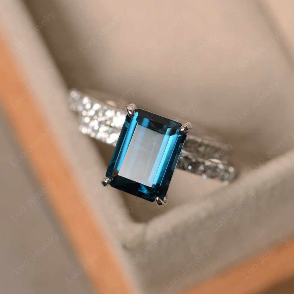 Emerald Cut London Blue Topaz Bridal Set Wedding Ring - LUO Jewelry