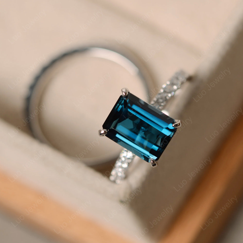 Emerald Cut London Blue Topaz Bridal Set Wedding Ring - LUO Jewelry