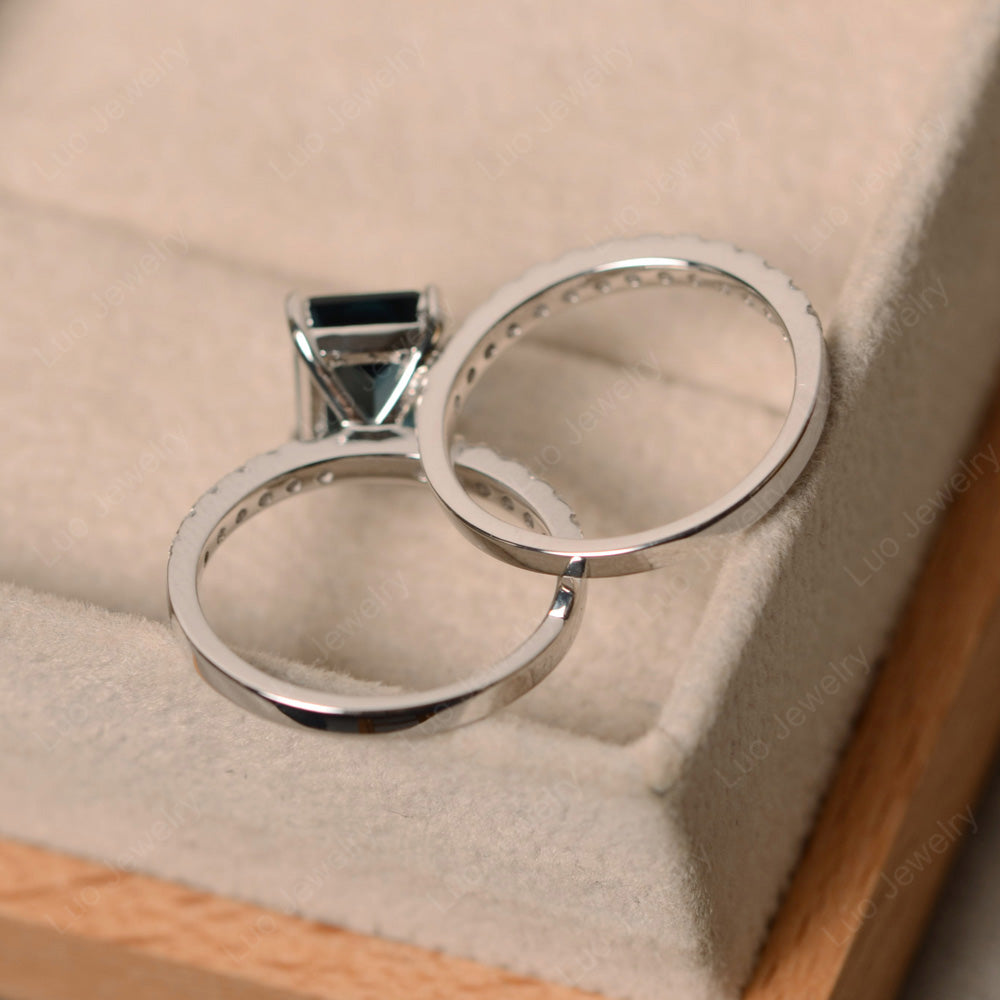 Emerald Cut London Blue Topaz Bridal Set Wedding Ring - LUO Jewelry