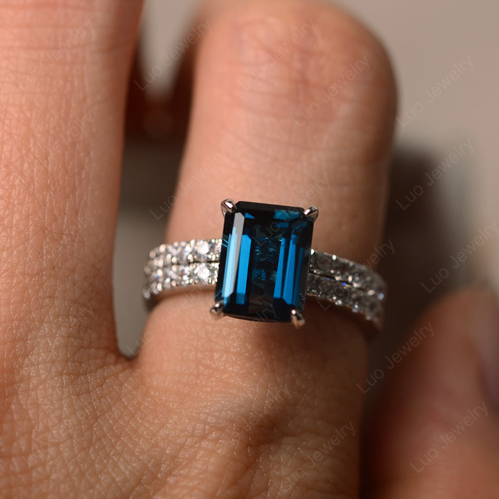 Emerald Cut London Blue Topaz Bridal Set Wedding Ring - LUO Jewelry