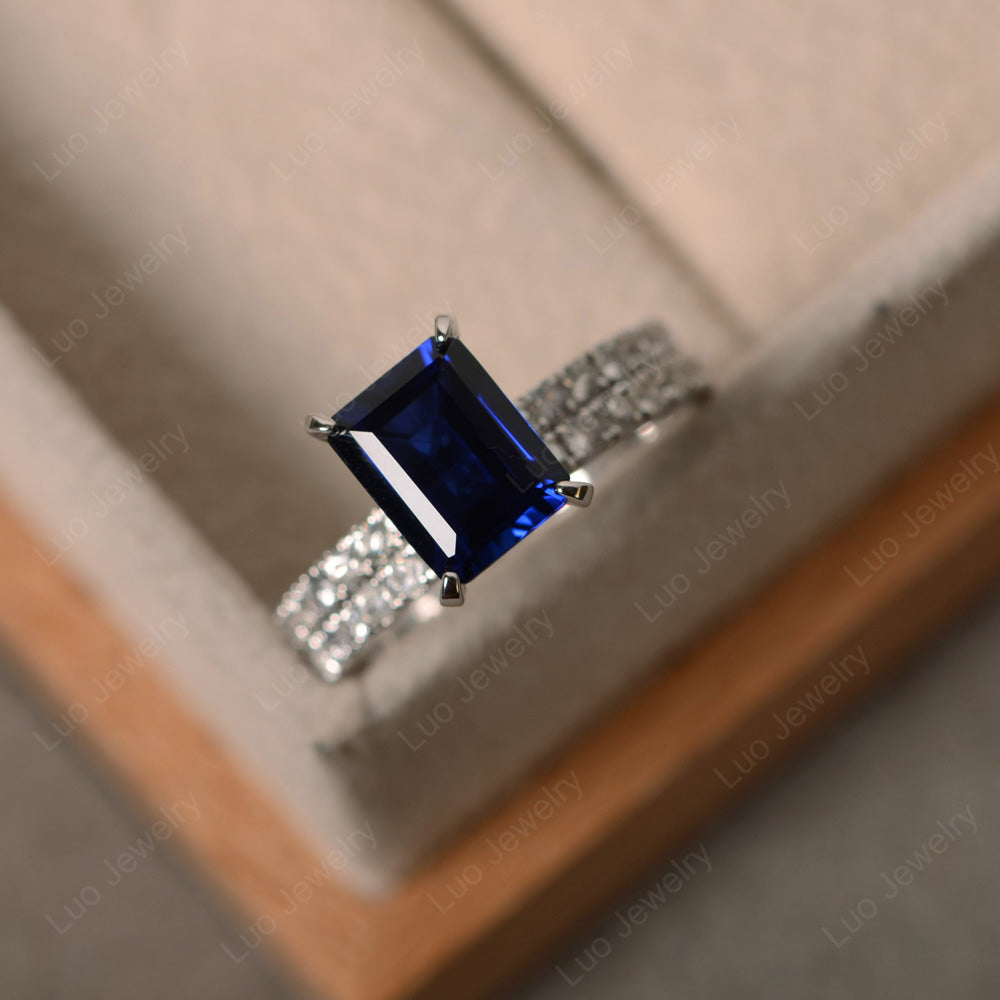 Emerald Cut Lab Sapphire Bridal Set Wedding Ring - LUO Jewelry