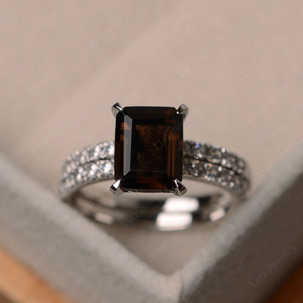 Emerald Cut Smoky Quartz  Bridal Set Wedding Ring - LUO Jewelry