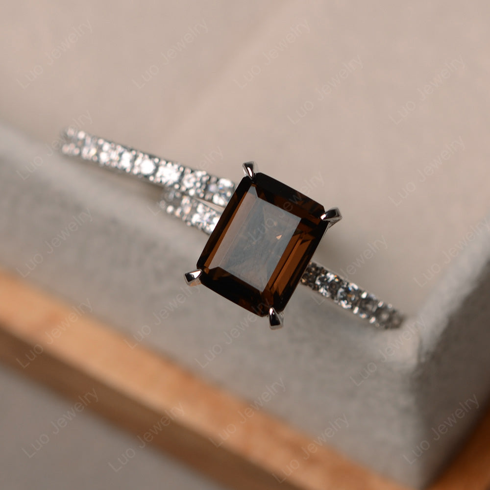 Emerald Cut Smoky Quartz  Bridal Set Wedding Ring - LUO Jewelry
