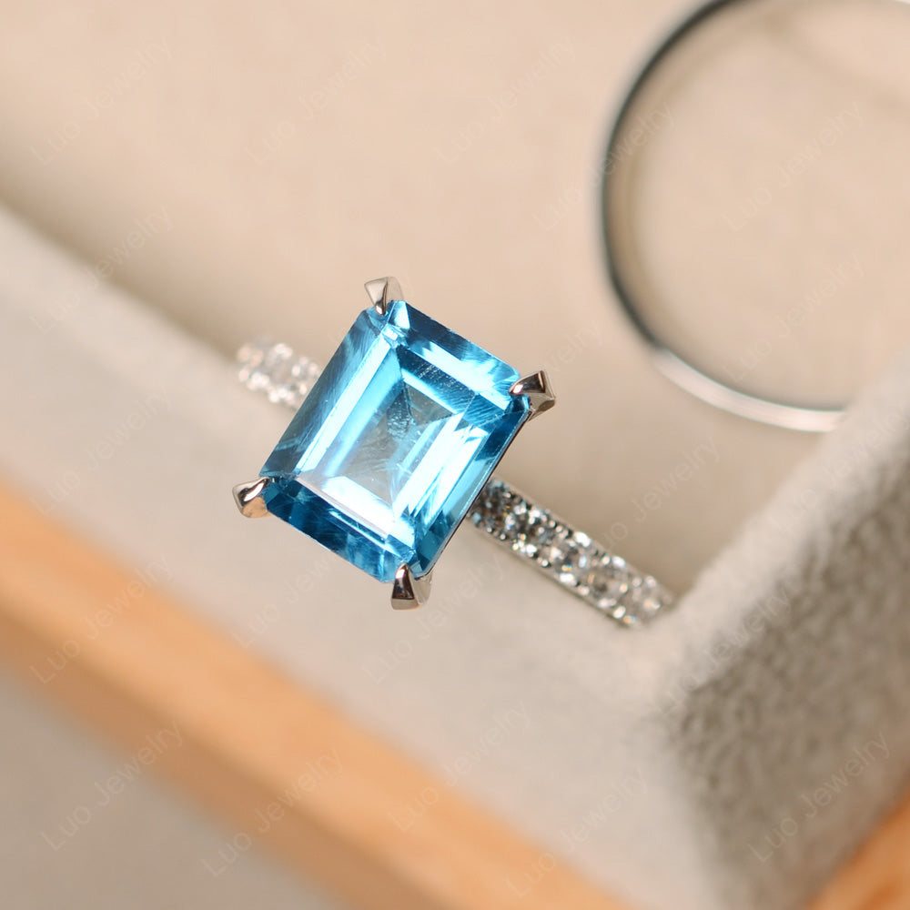 Emerald Cut Swiss Blue Topaz Bridal Set Wedding Ring - LUO Jewelry