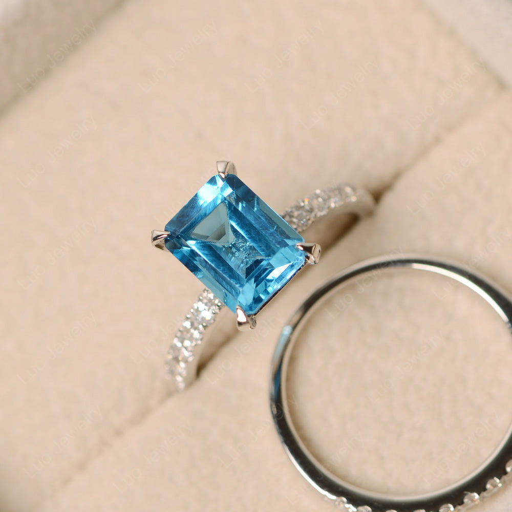 Emerald Cut Swiss Blue Topaz Bridal Set Wedding Ring - LUO Jewelry