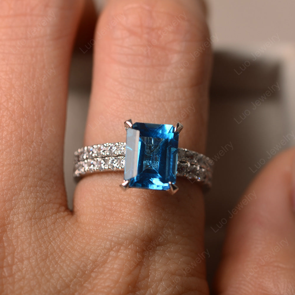 Emerald Cut Swiss Blue Topaz Bridal Set Wedding Ring - LUO Jewelry