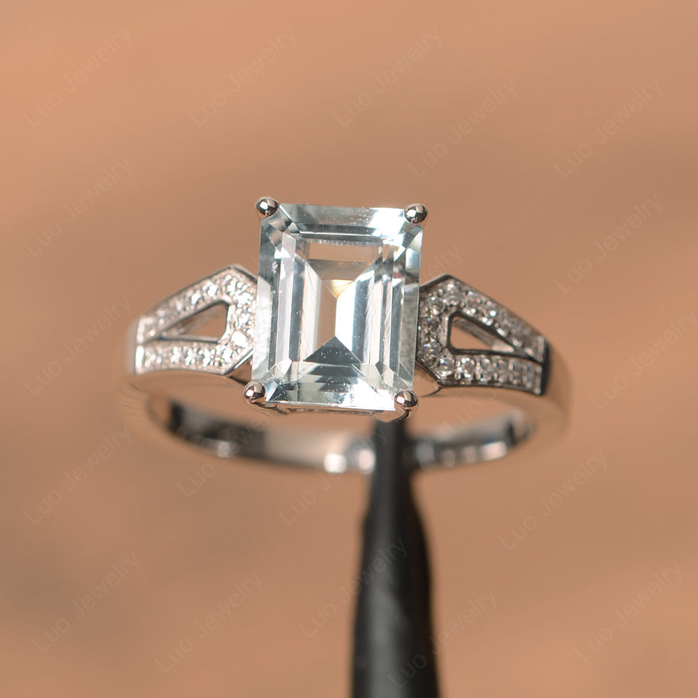 Emerald Cut Aquamarine Wedding Ring White Gold - LUO Jewelry
