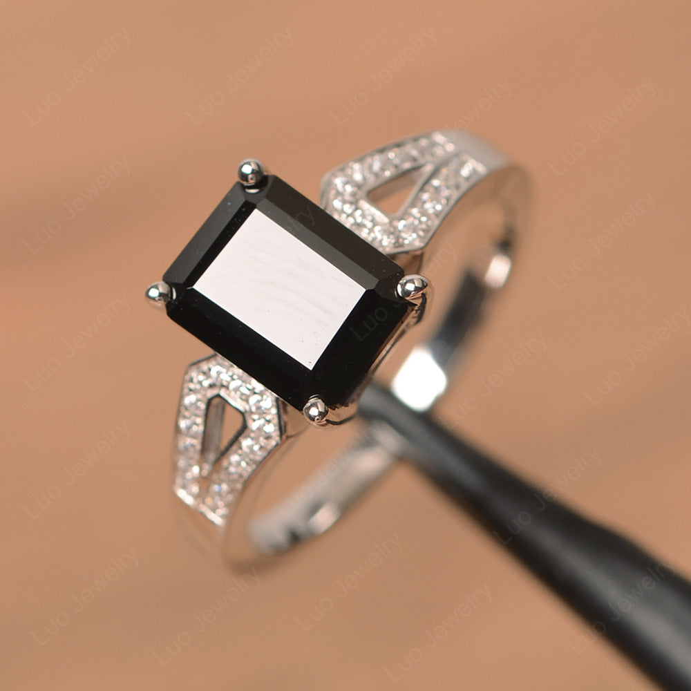 Emerald Cut Black Spinel Wedding Ring White Gold - LUO Jewelry