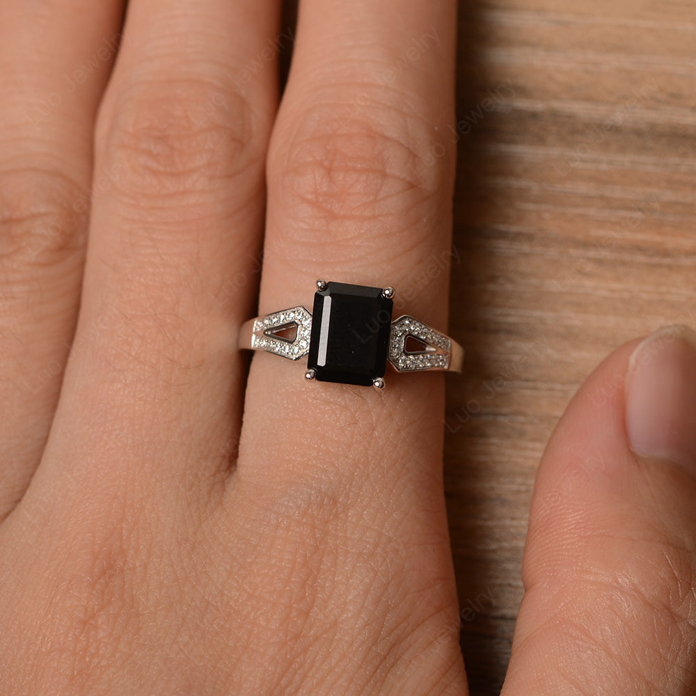 Emerald Cut Black Spinel Wedding Ring White Gold - LUO Jewelry