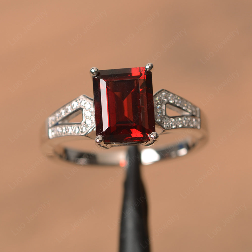 Emerald Cut Garnet Wedding Ring White Gold - LUO Jewelry