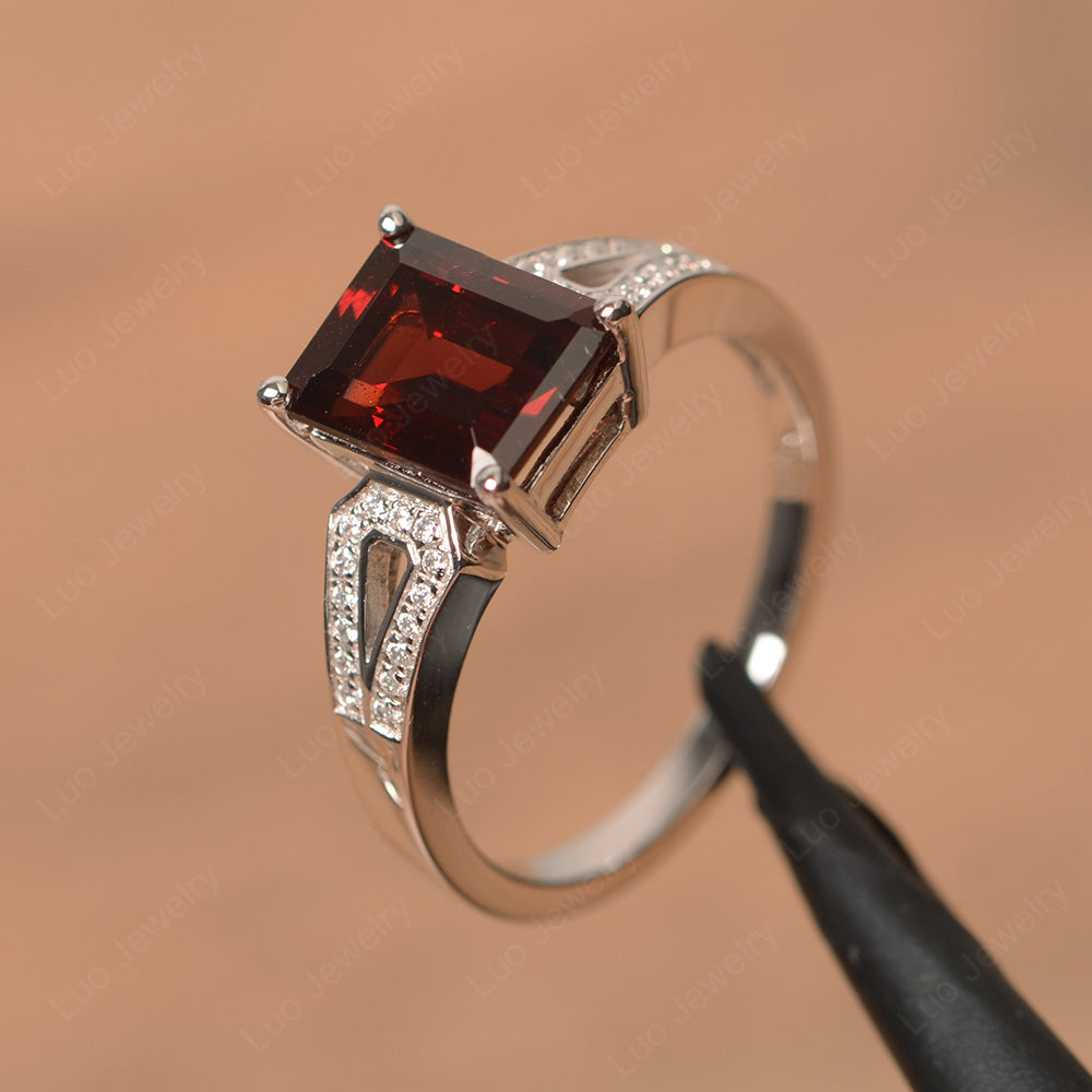 Emerald Cut Garnet Wedding Ring White Gold - LUO Jewelry