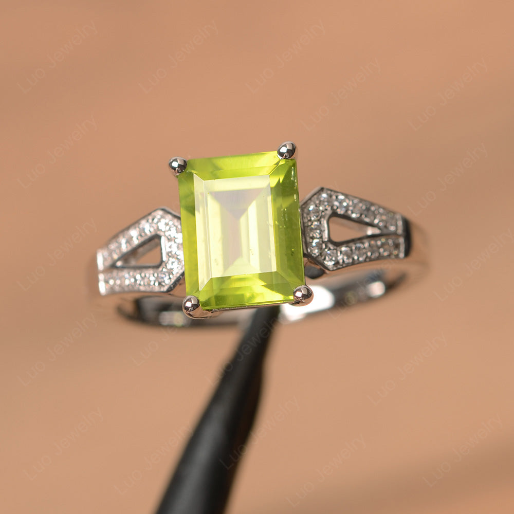 Emerald Cut Peridot Wedding Ring White Gold - LUO Jewelry