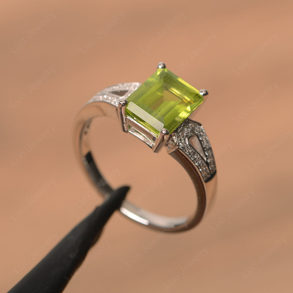 Emerald Cut Peridot Wedding Ring White Gold - LUO Jewelry