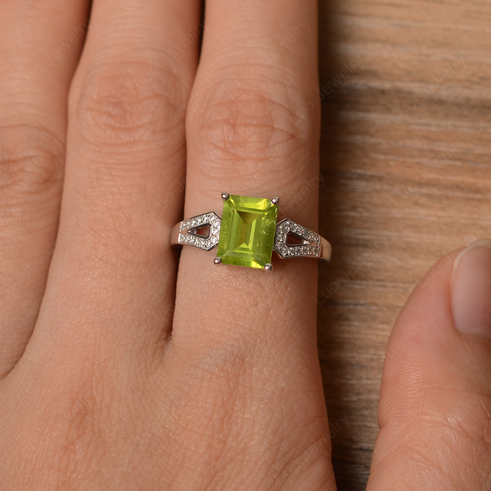 Emerald Cut Peridot Wedding Ring White Gold - LUO Jewelry