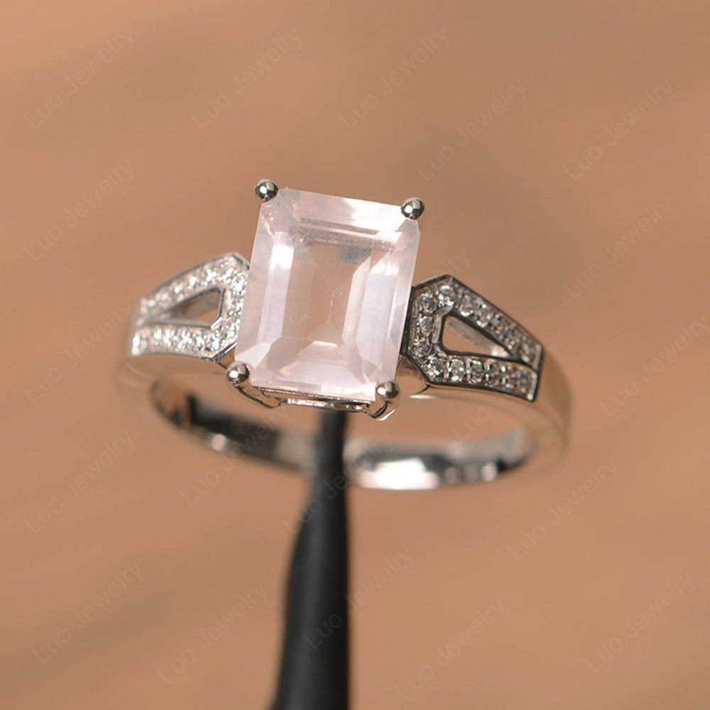 Emerald Cut Rose Quartz Wedding Ring White Gold - LUO Jewelry