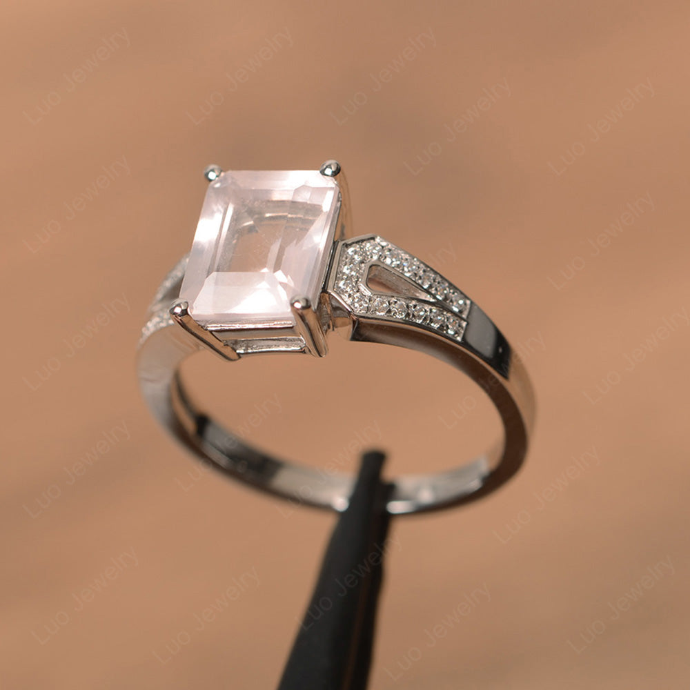 Emerald Cut Rose Quartz Wedding Ring White Gold - LUO Jewelry