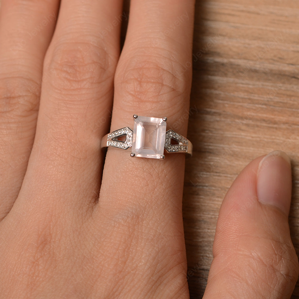 Emerald Cut Rose Quartz Wedding Ring White Gold - LUO Jewelry