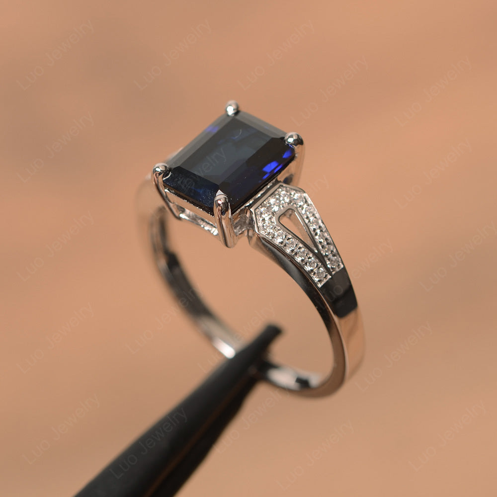 Emerald Cut Lab Sapphire Wedding Ring White Gold - LUO Jewelry