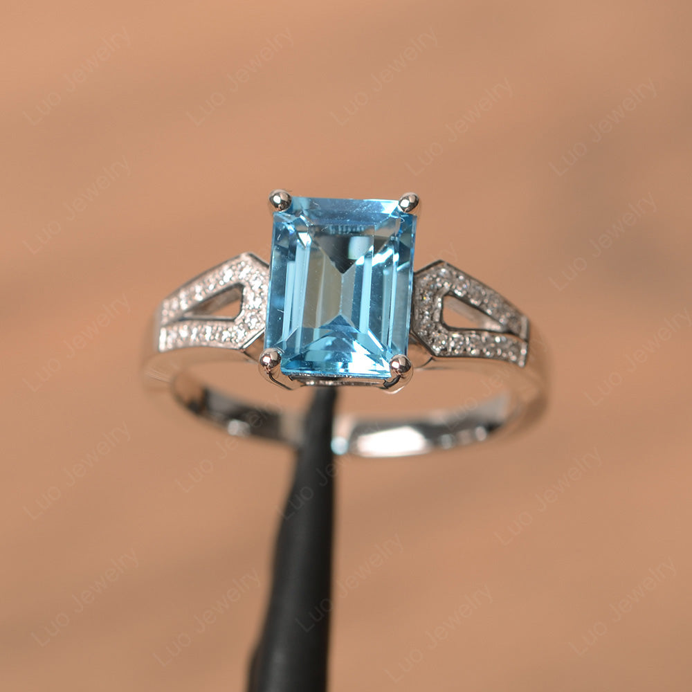 Emerald Cut Swiss Blue Topaz Wedding Ring White Gold - LUO Jewelry