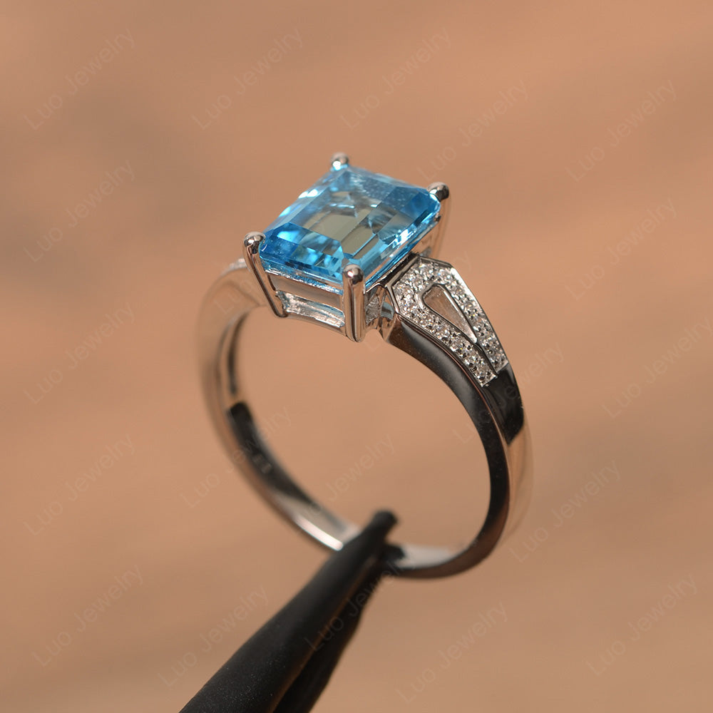 Emerald Cut Swiss Blue Topaz Wedding Ring White Gold - LUO Jewelry