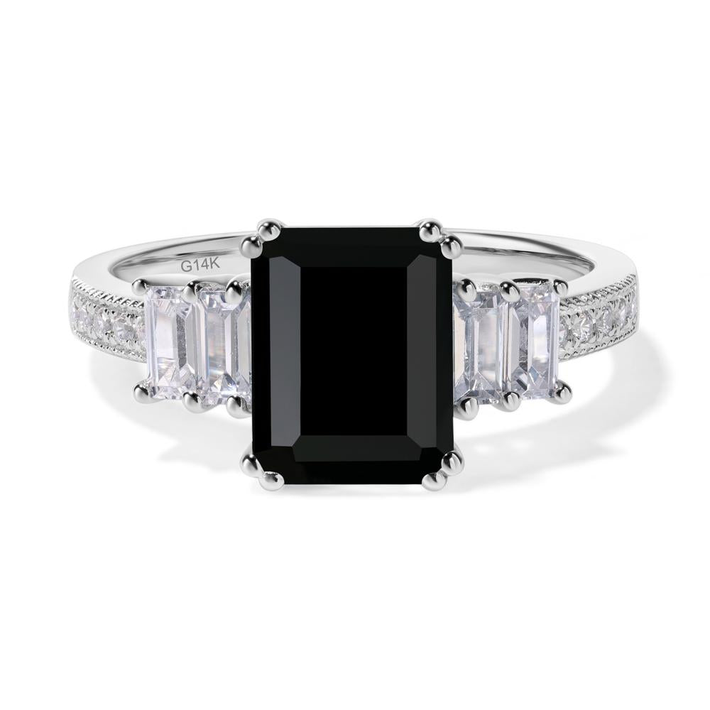 Emerald Cut Black Stone Art Deco Milgrain Ring - LUO Jewelry #metal_14k white gold
