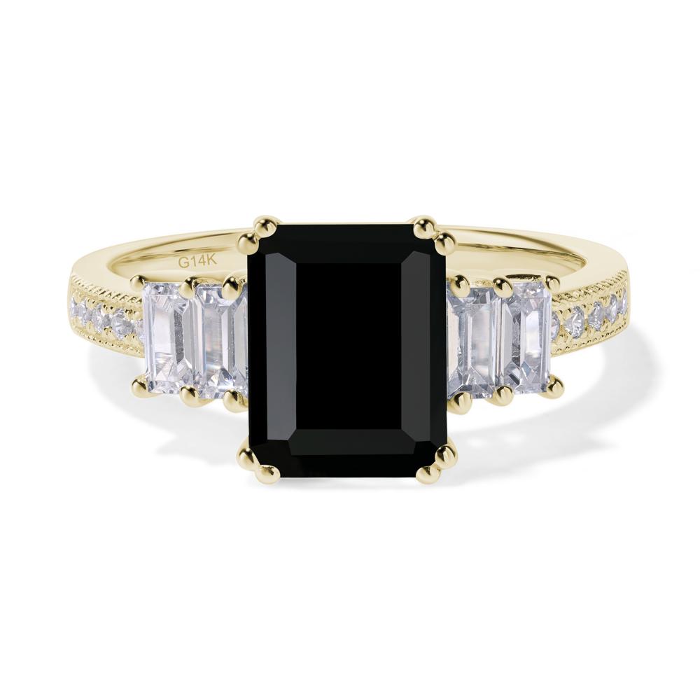 Emerald Cut Black Stone Art Deco Milgrain Ring - LUO Jewelry #metal_14k yellow gold