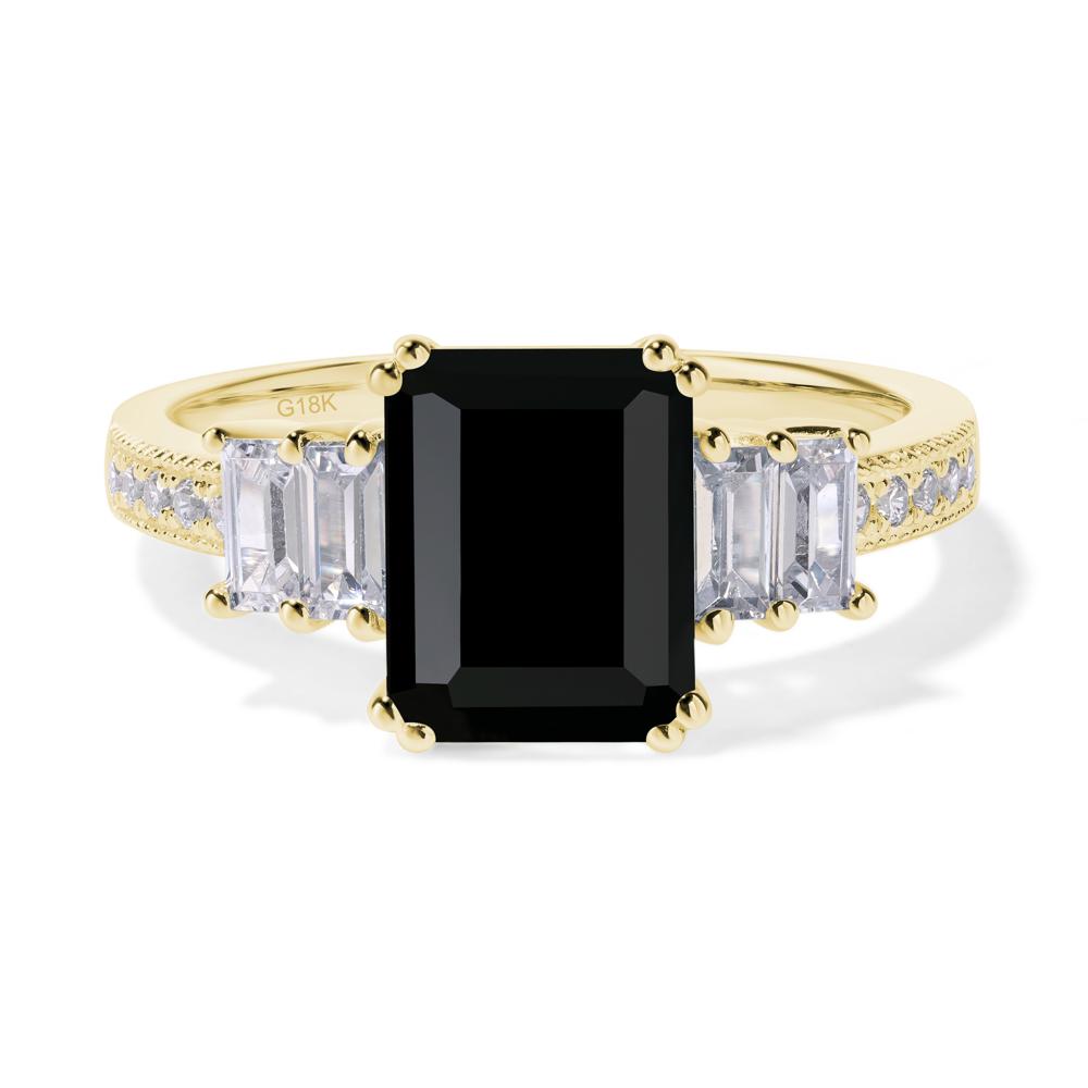 Emerald Cut Black Stone Art Deco Milgrain Ring - LUO Jewelry #metal_18k yellow gold