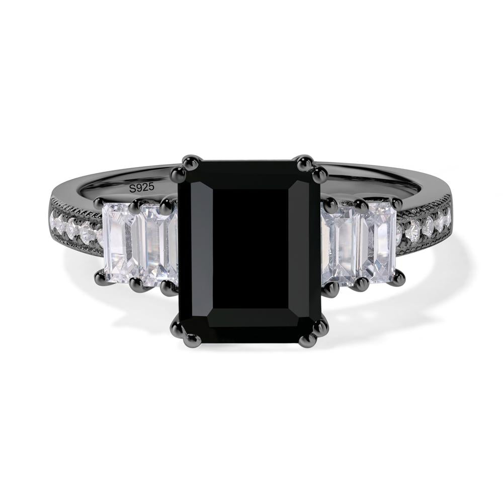 Emerald Cut Black Stone Art Deco Milgrain Ring - LUO Jewelry #metal_black finish sterling silver