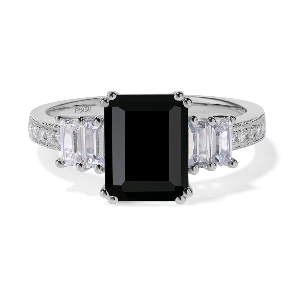 Emerald Cut Black Stone Art Deco Milgrain Ring - LUO Jewelry #metal_platinum