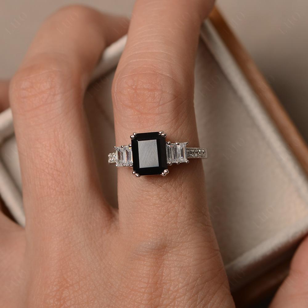 Emerald Cut Black Stone Art Deco Milgrain Ring - LUO Jewelry