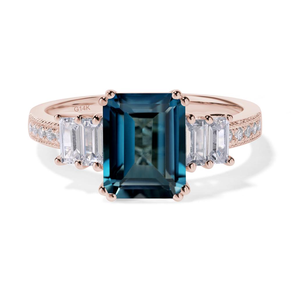 Emerald Cut London Blue Topaz Art Deco Milgrain Ring - LUO Jewelry #metal_14k rose gold